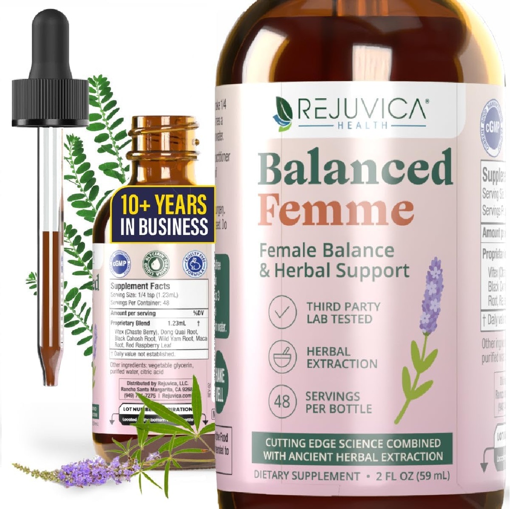 Rejuvica Helse balansert Femme - Avansert kvinnelig balanse støtte Supplement - Flytende levering for bedre absorpsjon - Vitex, Dong Quai, Black Cohosh, Maca Wild Yam og mer!