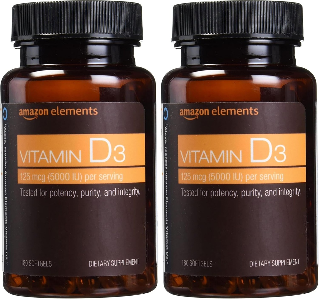 Elementer vitamin D3, 5000 IU, 180 Softgels, 6 måneders forsyning (Packing May Vary), støtter sterke bein og immun helse (pakke på 2)