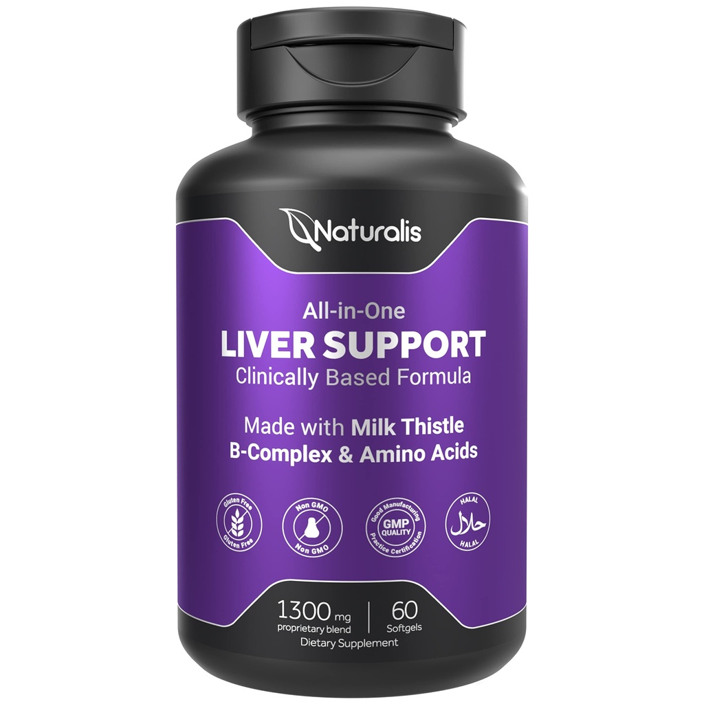 Naturalis Silymarin Melk Thistle 1300mg Forbedret med B-kompleks & Aminosyrer ® 13-i-1 Liver Cleanse, Detox & Reparasjon ® 60 Liver Essential Softgels