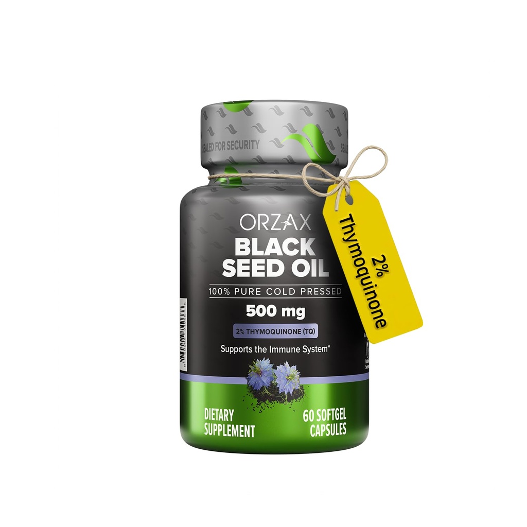 ORZAX Black Seed Oil Cold presset 100% ren | Ikke-GMO - rik i Omega 3 6 9 & Thyrokinon | Svart Cumin Nigella Sativa olje for immunstøtte, hår, hud, ansikt (500 mg - 60 Softgel kapsler)