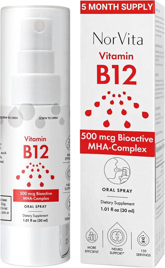 Vitamin B12 Spray 500 mg (150 serveringer) - Hurtig absorpsjon MHA Complex (Metylkobalamin, Hydroxycobalamin, Adenosylcobalamin) - Vegan, ikke-GMO, flytende B12 Supplement