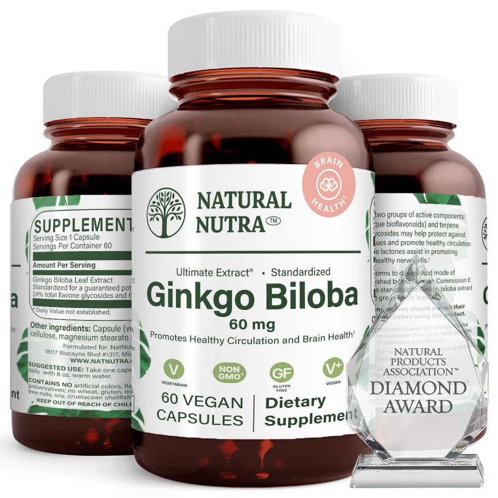 Naturlig Nutra Ginkgo Biloba, forbedrer sirkulasjon til hjernen og øker hukommelsen, øker oksygenflyten og forsterker hjernefunksjonen, støtter nerve helse, vegansk og glutenfri, (60) kapsler