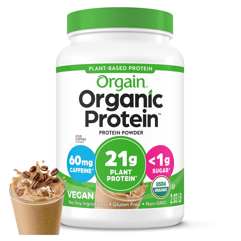 Orgain Organic Vegansk Protein pulver, Iced Coffee - 21g Planteprotein, 60 mg koffein, lav netto carb, ingen Laktose ingredienser, Ingen tilsatt sukker, ikke-GMO, For rister og smoothies, 2,03 lb