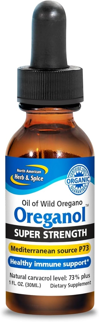 NORTH AMERICAN HERB & SPICE Super Styrke Oreganol - 1 fl. oz. - Unprocessed, Wild, Organic Oregano Oregano Oil - middelhavskilde P73 - Ikke-GMO - 432 Serveringer