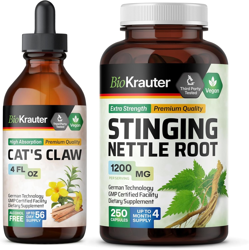 BIO KRAUTER Katter Klo Tinktur 4 Fl. Oz & Stinging Nettle 250 kapsler