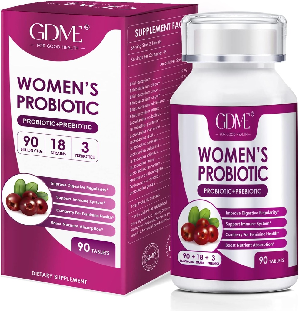 GDME Women's Probiotics, 90 tabletter 90 milliarder CFU 18 strimler, inneholder organisk prebiotiske tranebær,probiotiske kosttilskudd for digestion, immunisme, kvinners helse, soya gluten dairy gratis