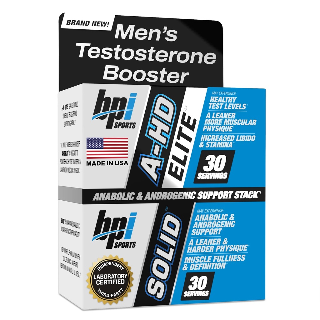 BPI Sports A-HD Elite / Solid Testosteron Booster for menn - Testosteron Supplement for muskel, styrke, libido og ytelse støtte - fremmer naturlig fett tap – 30 Services – 550 mg