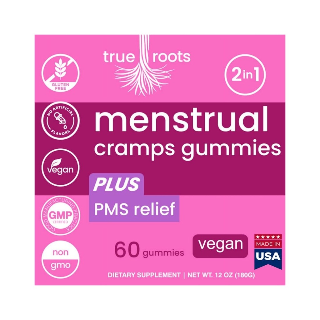Menstruasjonskramp Periode Gummies True Roots | PMS Støtte Supplement for kvinner | Sunn Flow | Flo PMS Menstruasjonssyklus Relief, Cramping og Bloating | Vegan & Natural Flavors | 60 Count
