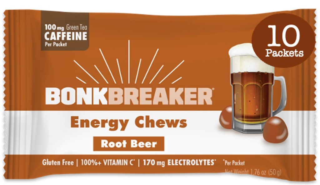 Bonk Breaker Energi Chews, Dairy-Free, Glutenfri ingredienser for å gi rask energi og fokus, 1 eske med 10 pakker, Root Beer