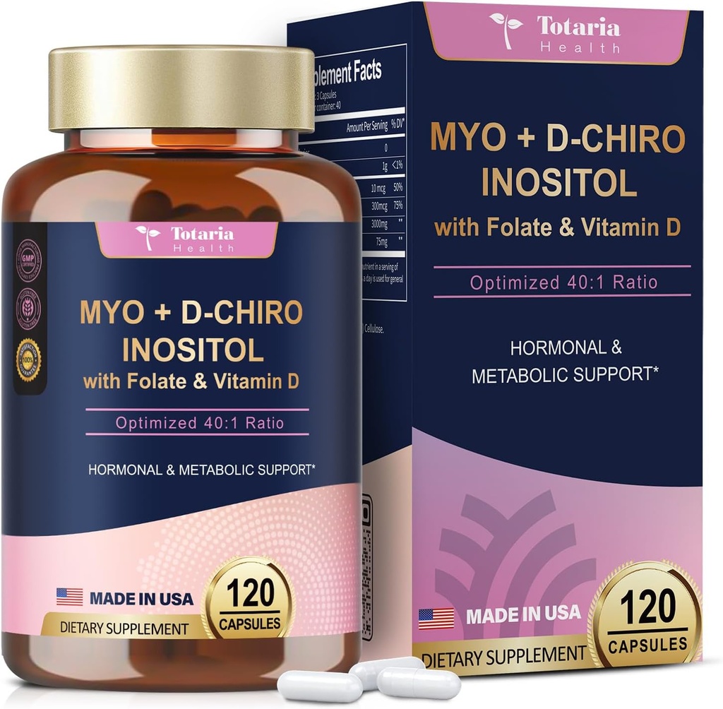 Totaria Inositol Supplement - 3075mg Myo-Inositol & D-Chiro Inositol Capules Plus vitamin D3, Folat, Ideell 40:1 Ratio - Hormonell balanse for kvinner & ovarian* Støtte | Vegansk, ikke GMO - 120 Caps