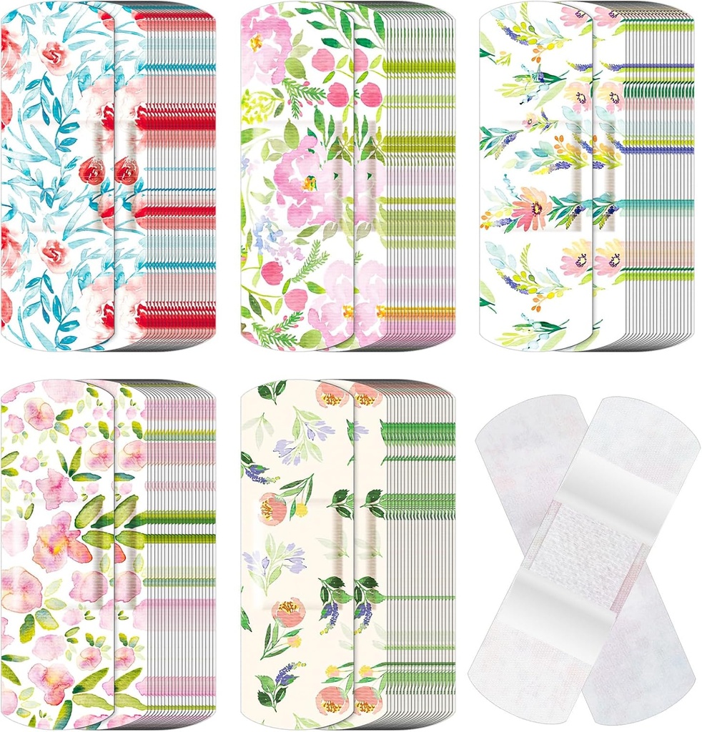 120 Pcs Fabric Adhesive Flexible Bandages Bulk Assorted Shapes and Patterns Small Colorful Pretty Fabric Bandages with Non Stick Pad 3 x 1 Inch for Cuts Wound Scrapes Women(Flower)