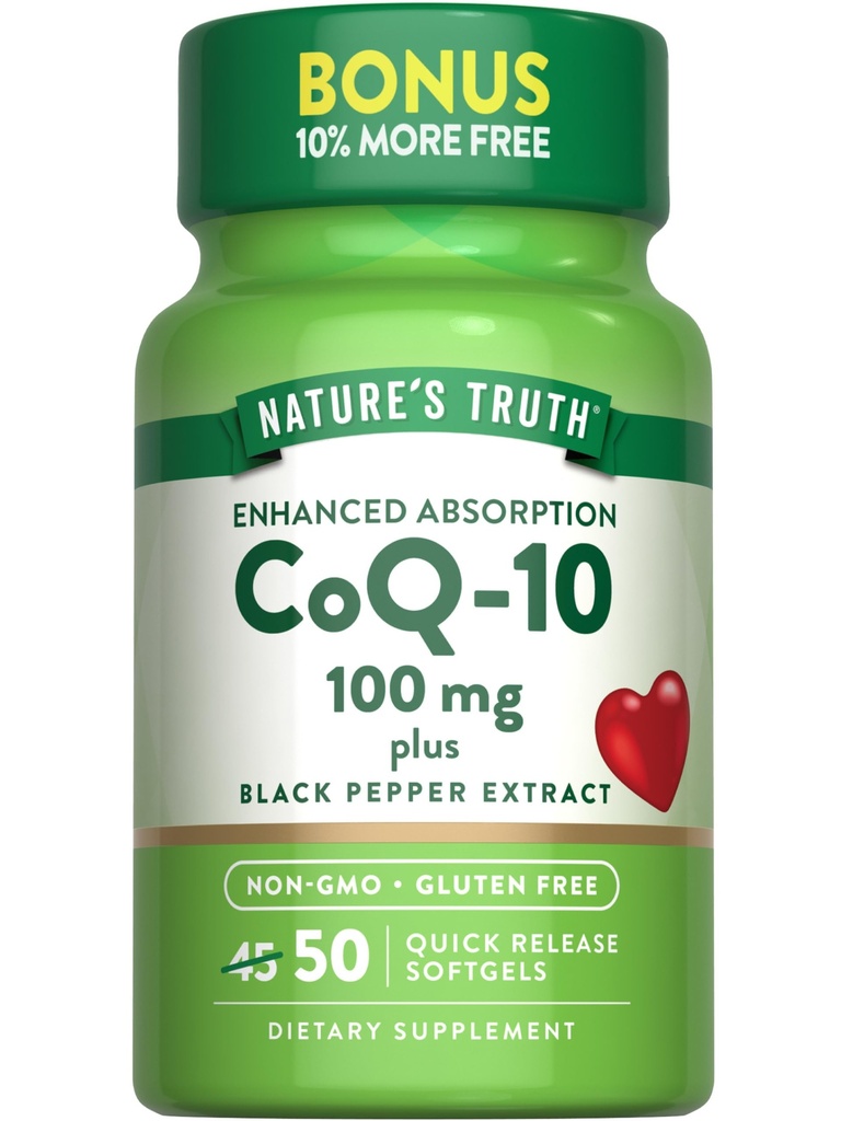 Naturens sannhet CoQ10 100mg | 50 Softgels | Plus svart pepper ekstrakt | Ikke-GMO og Glutenfri Supplement