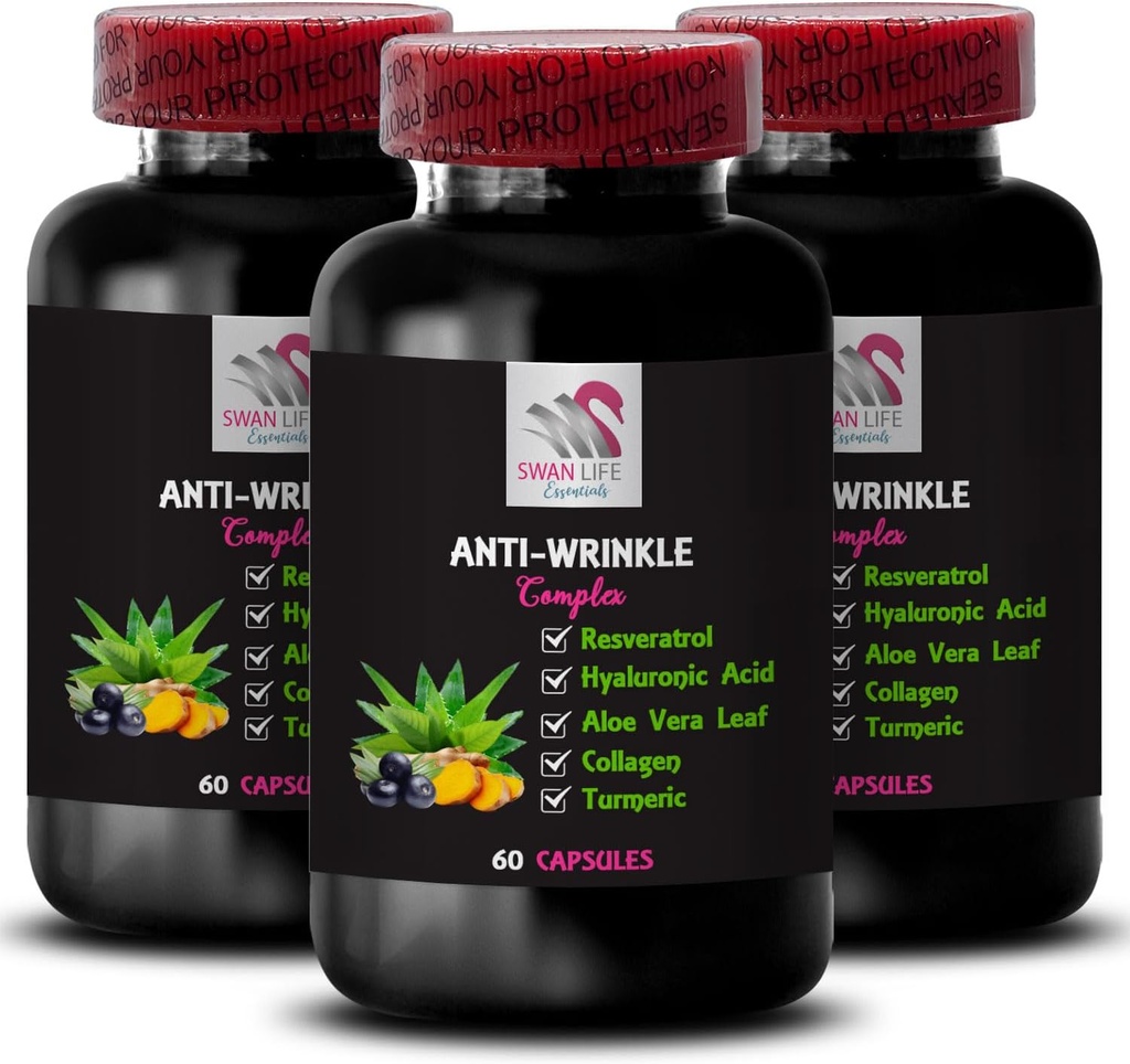 Alpha Lipoic Acid - Anti-Wrinkle Complex - L-Glutathione, Aloe Vera, Collagen Support, Grønn Kaffebønne, Lycopen, Turmeric, Grapefrø, Hydration Boost, Hudfesting, Smooth Texture 3Bot 180Caps