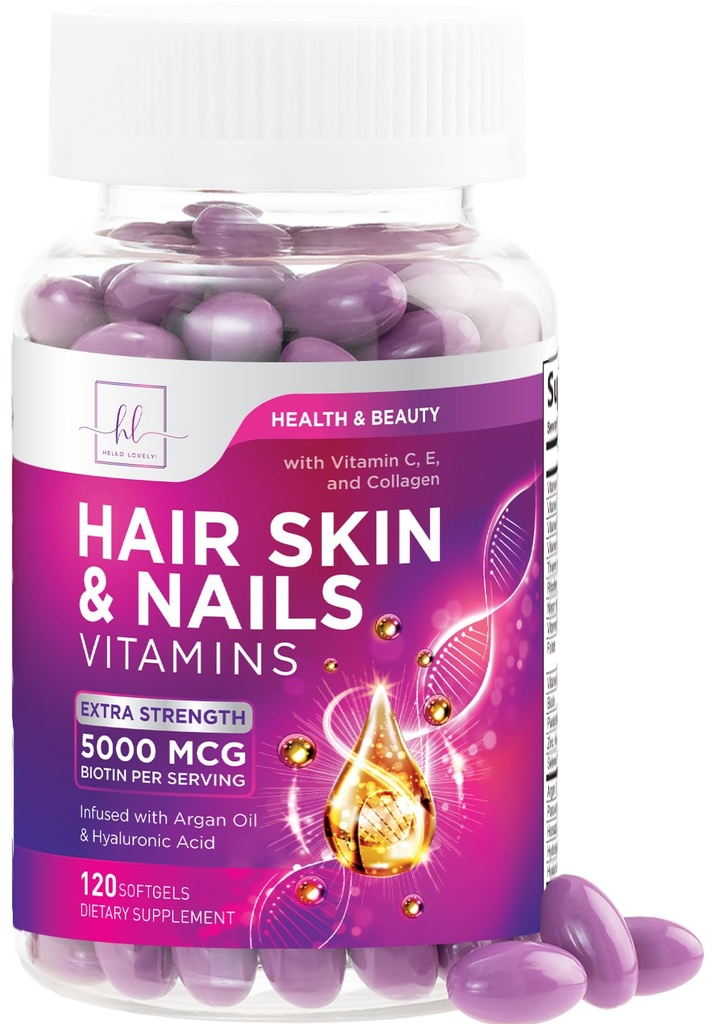 Håret, huden og neglene vitaminer for kvinner - Biotin 5000mcg å støtte hårvekst med Argan olje, kollagen & hyaluronsyre, vakker, sterkere hud, hår & negler vitamin Supplement - 120 Softgels