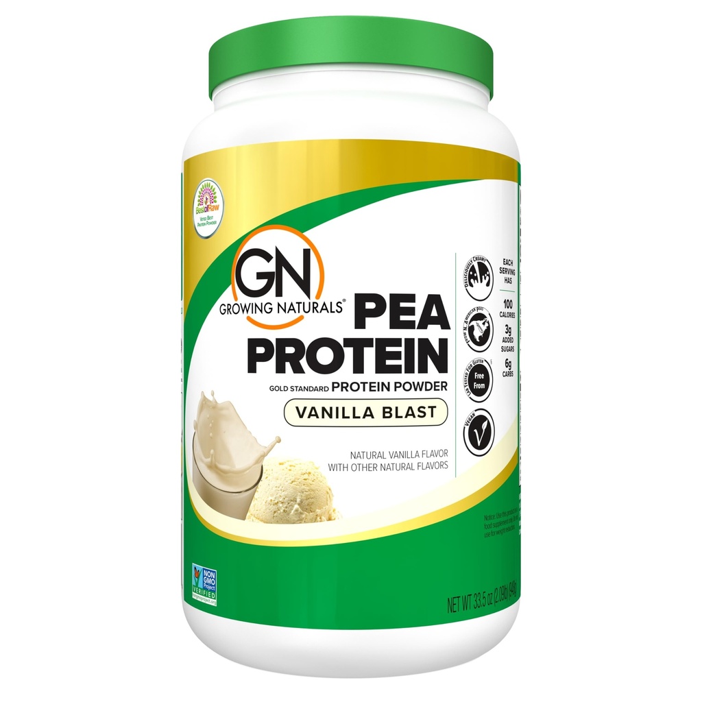 Growing Naturals Raw Pea Protein Powder, Vegan Plant Basert Protein, BCAA, Lavkarber, Lavsugar, Vanilla Blast, 2 pund (Pack of 1)