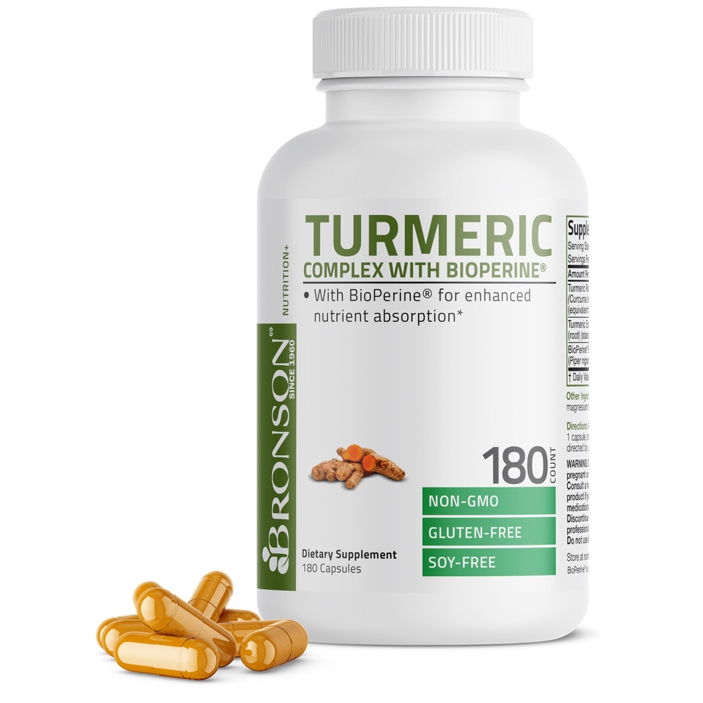 Bronson Turmeric Curcumin med BioPerine - høy potens Premium felles støtte med 95% Standardisert Curcuminoids - Ikke-GMO kapsler med svart pepper - 180 greve