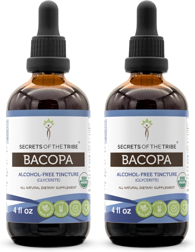 Hemmeligheter i Tribe Bacopa USDA Økologisk | Alkoholfri ekstrakt, høy potens Herbal Drops | laget av 100% sertifisert organisk Bacopa (Bacopa Monnieri) tørket Herb 2x4 oz