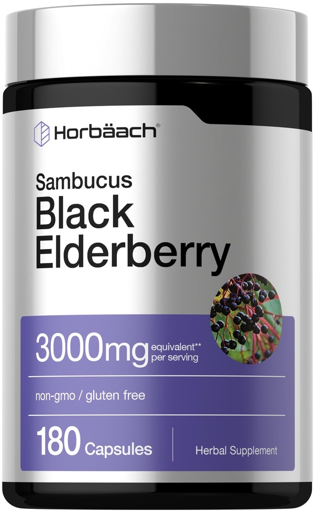 Horbäach Svart Elderberry | 3000mg Kapsler | 180 greve | Ikke-GMO, Glutenfri | Sambucus Extract Supplement