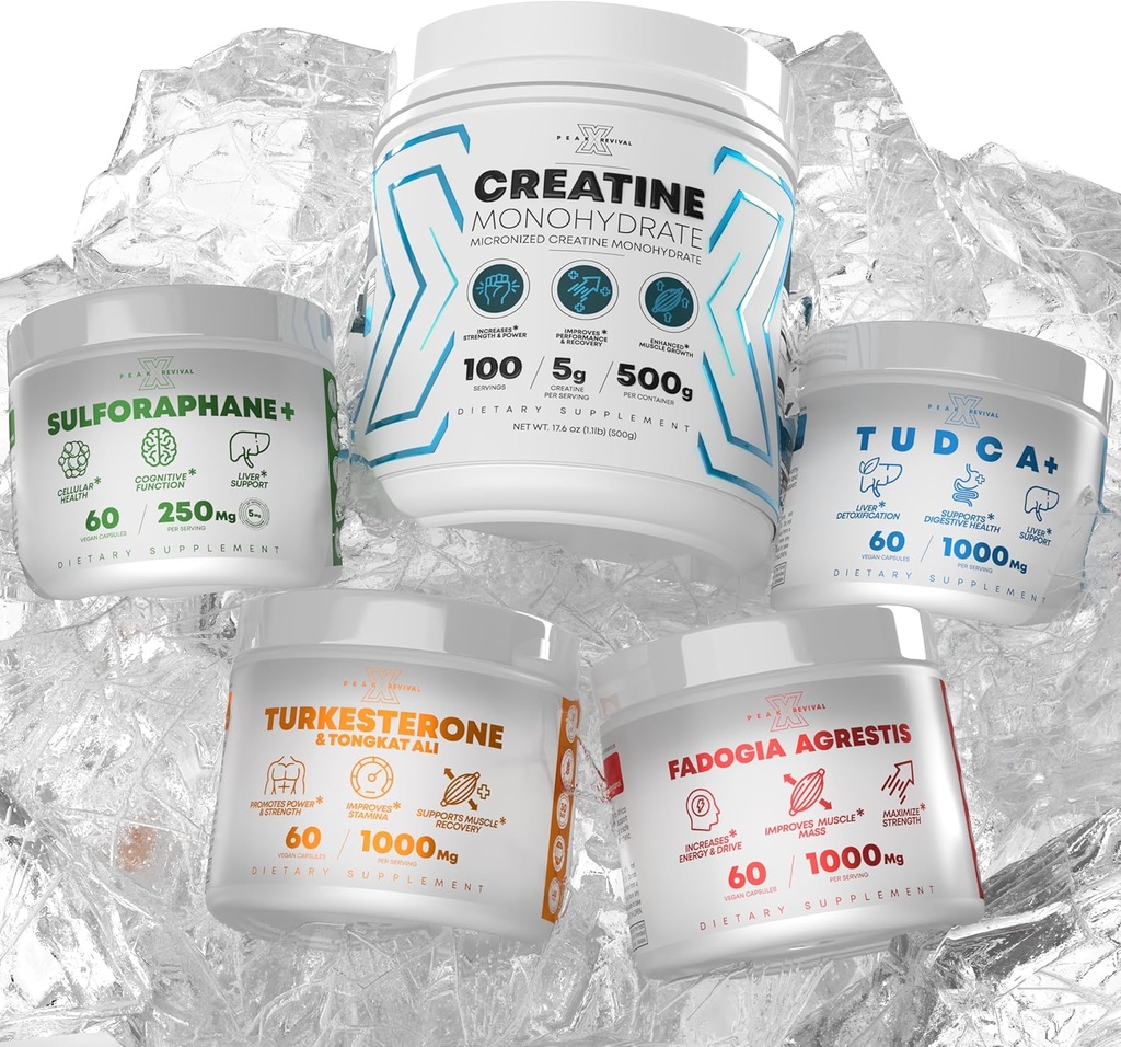 Bundle - Turkesteron & Tongkat Ali + Fadogia Agrestis + Creatine + Sulforaphane + TUDCA - Boost Stamina, Muskelvekst, Liver Helse, Kognitiv funksjon & Detox - laget i USA