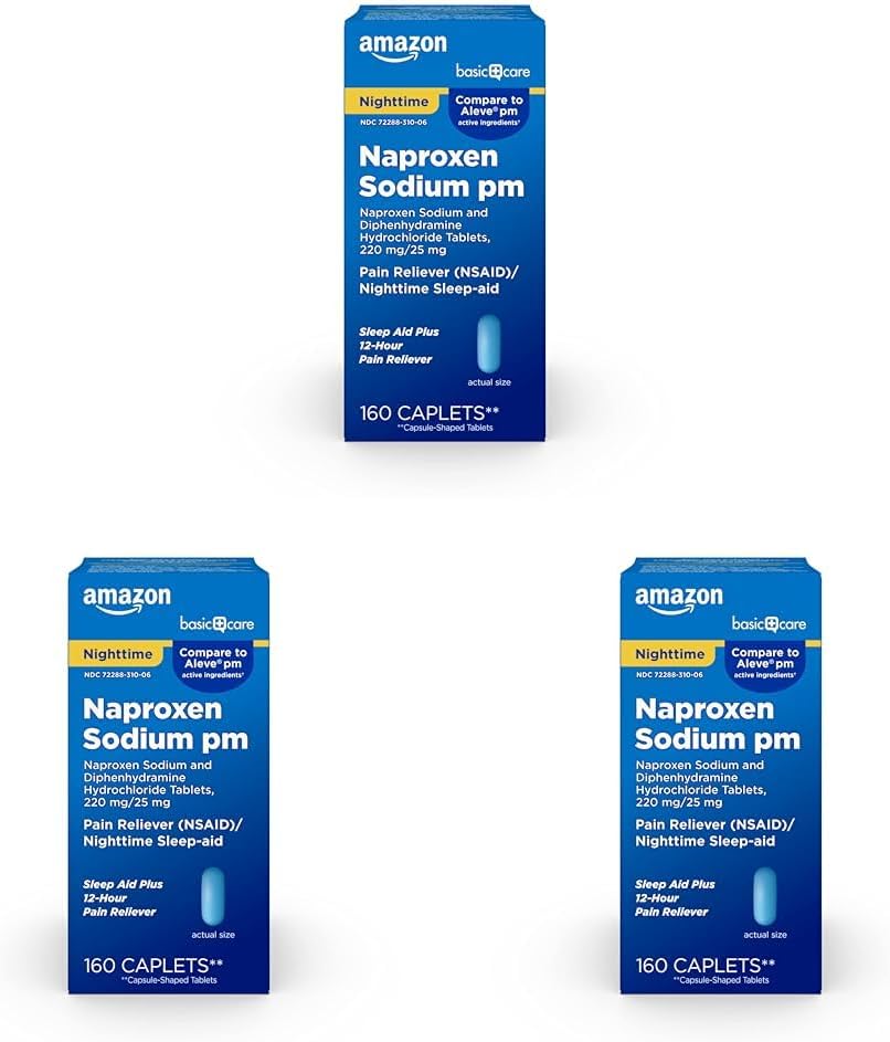 Basic Care All Night Pain Relief PM, Naproxen Natrium, 220 mg/Difenhydramin Hydrochlorid, 25 mg Tabletter, Smerte Reliever/Nighttime Sleep-Aid, 160 tall (Pack of 3)