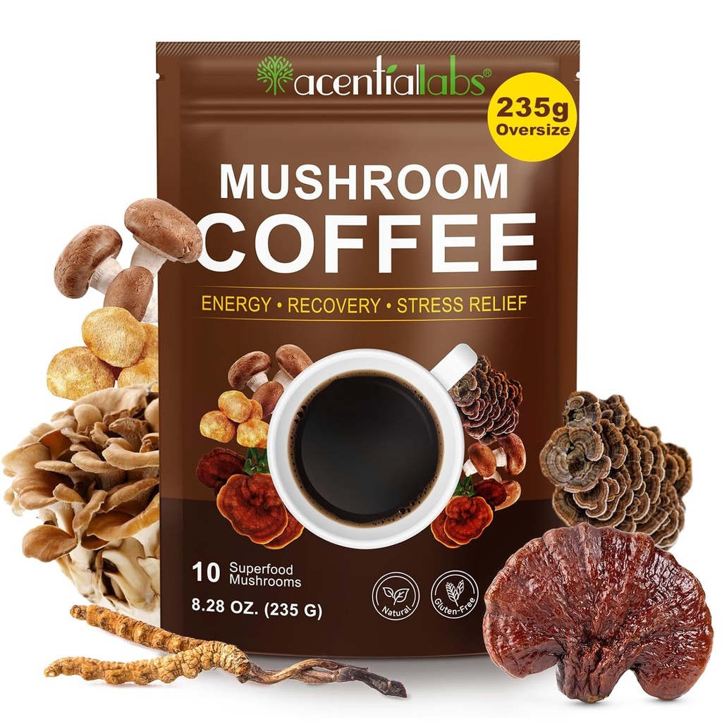 Mushroom kaffe (235g Supersize), 10 Superfood moskrooms blanding for energi, gjenoppretting og fokus, organisk øyeblikkelig kaffepulver med Lion's Mane, Reishi, Chaga, Cordyceps, 8,28 OZ
