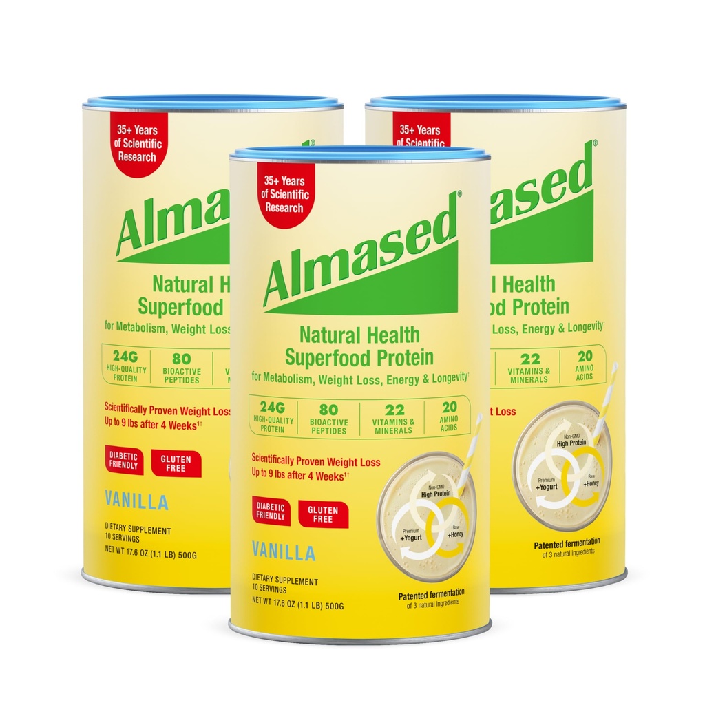 Almased Vanilla måltid erstatningsshake - lav-glykemisk høy plantebase protein pulver - ernæringsmessig vekt helse støtte supplement - Vanilla flavor - 17,6 oz (1,1 pund (3 pakke))