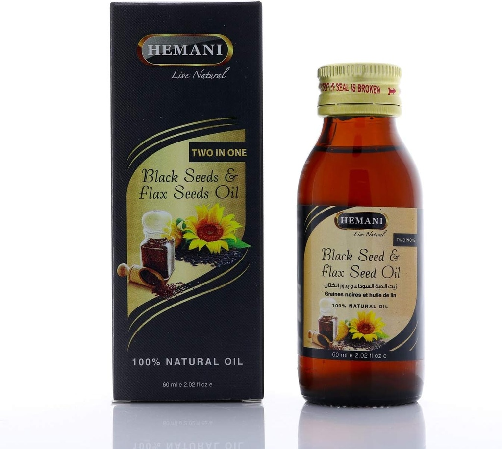 Hemani kaldpresset svart frø og flaksfrøolje blanding 60ml- glutenfri, ikke-GMO, høy i Omega 3, 6, & 9, støtter ledd, hjerne og hjertefunksjon