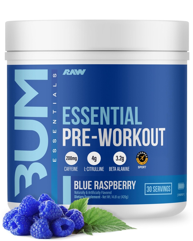 RAW Nutrition - Essential Pre - Chris Bumstead Pre Trening Formula, Sport Ernæring Pre-Workout pulvere | Menn & kvinners drikke, energi pulver for å trene ut (blå bringebær)