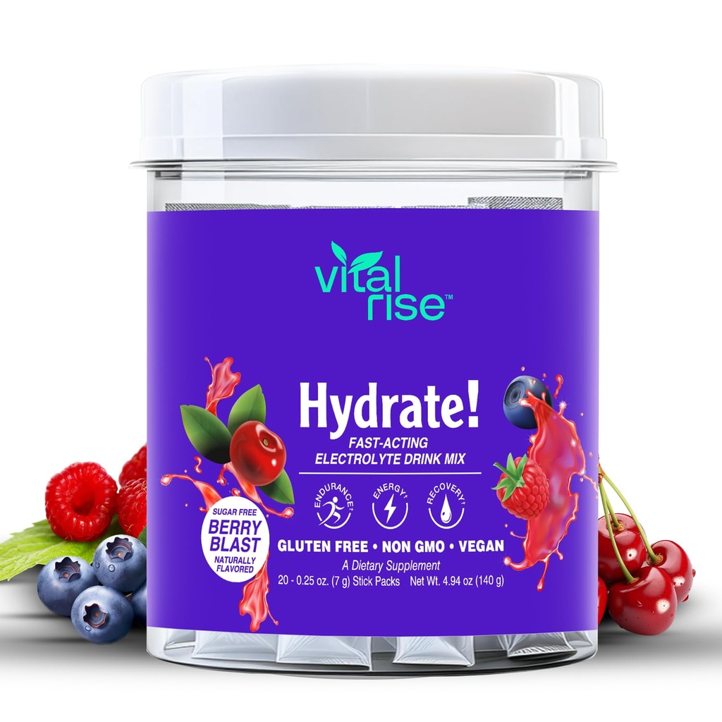 Vital Rise® Hydrate! - Berry Blast - Hydration Powder Packets | Lavt natriumelektrolyt drikk blanding | Easy Open Single-Serving Stick | Ikke-GMO | 20 Servering (Pack of 1)