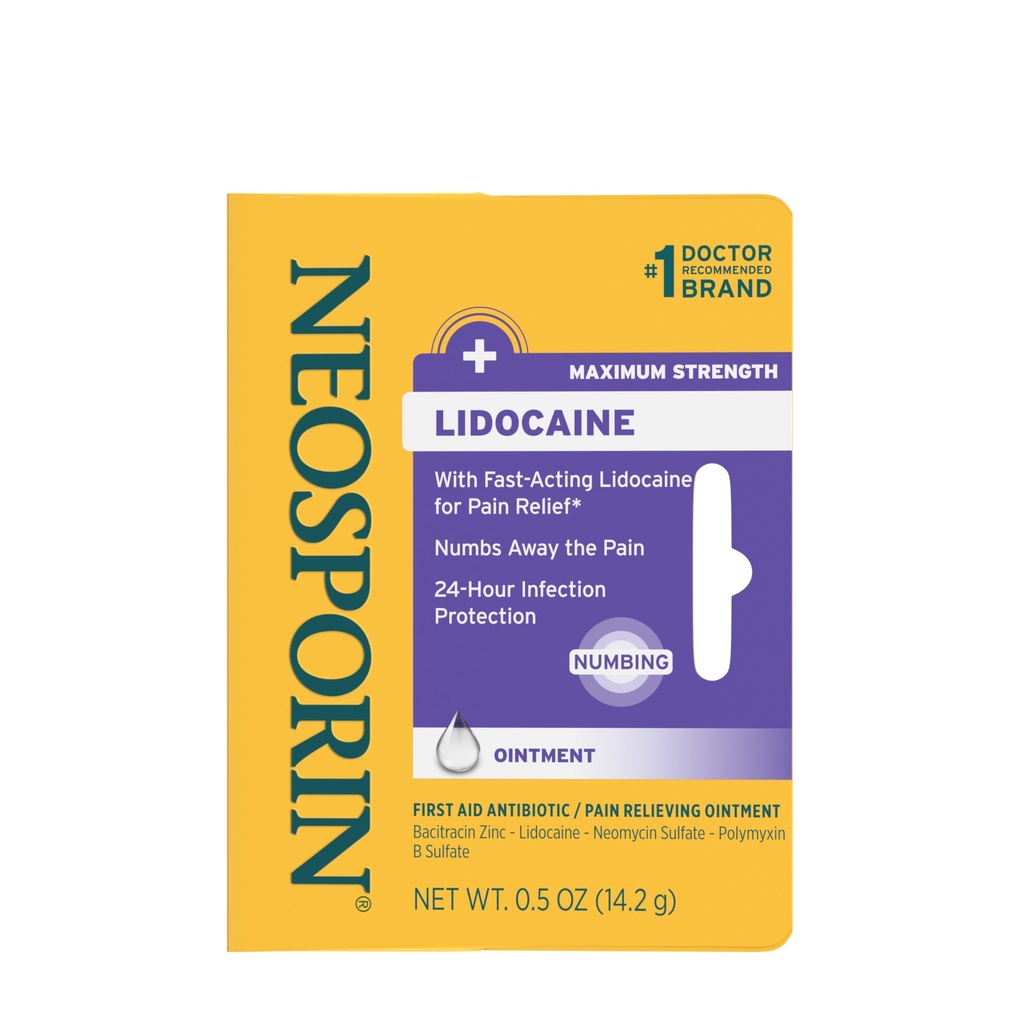 Neosporin + Lidocain First Aid Antibiotic Ointment, maksimal styrke & rask-aktive Topical Pain Reliever, 24-timers infeksjonsbeskyttelse som Numbs borte smerten, Bacitracin sink, 0,5 oz