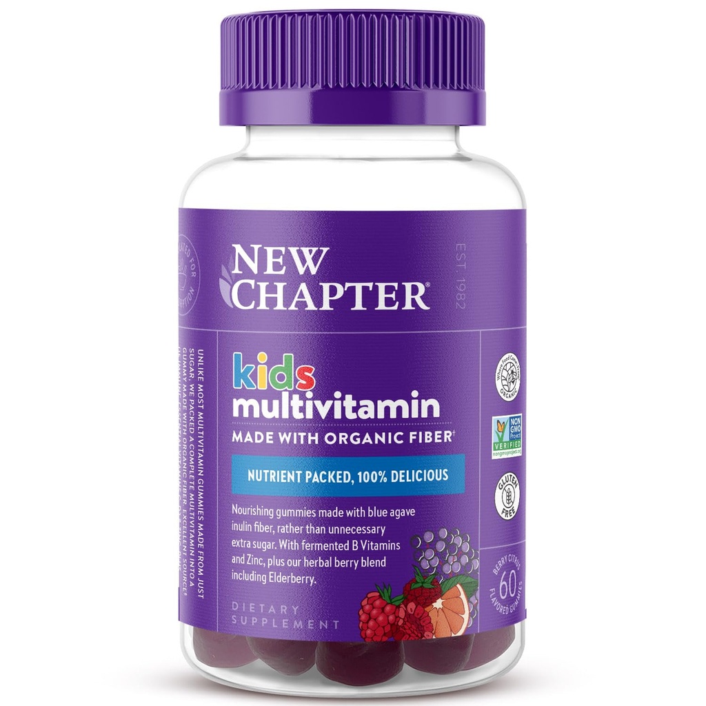 Ny kapittel Kids Multivitamin Gummies - 65% Mindre Sukker, Kids Gummy Vitaminer med vitaminer C, D3 & Sink, Ikke-GMO, Glutenfri, Berry-Citrus, 60ct