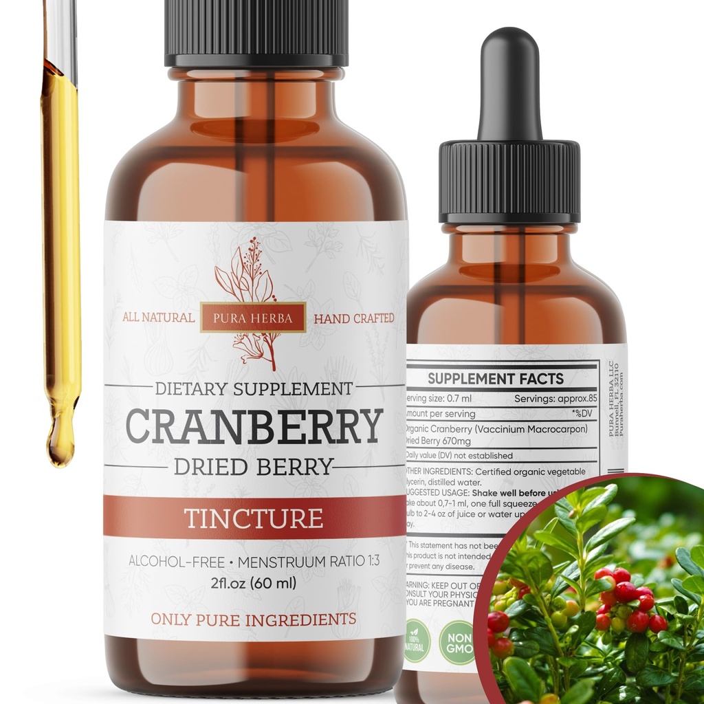 Cranberry Tinktur - økologisk tranebær ekstrakt flytende, alkohol - gratis urtetilskudd - laget i USA