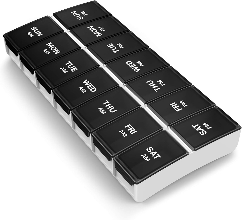 BUG HULL 7-dagers AM/PM Pill Organizer - bærbar pille boks, reise tilfelle, svart