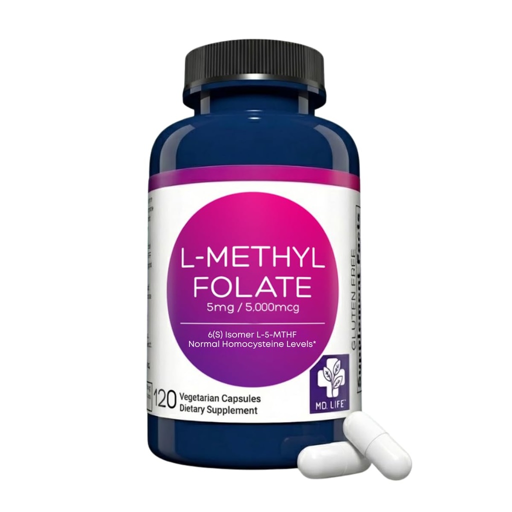 MD Life L-metylfolat 5 mg Supplement - Professional-Grade Active L-metylfolat Supplement - 120 kapsler - L-metylfolat 5 mg - Maksimal styrke MTHFR W/Essential Aminosyrer