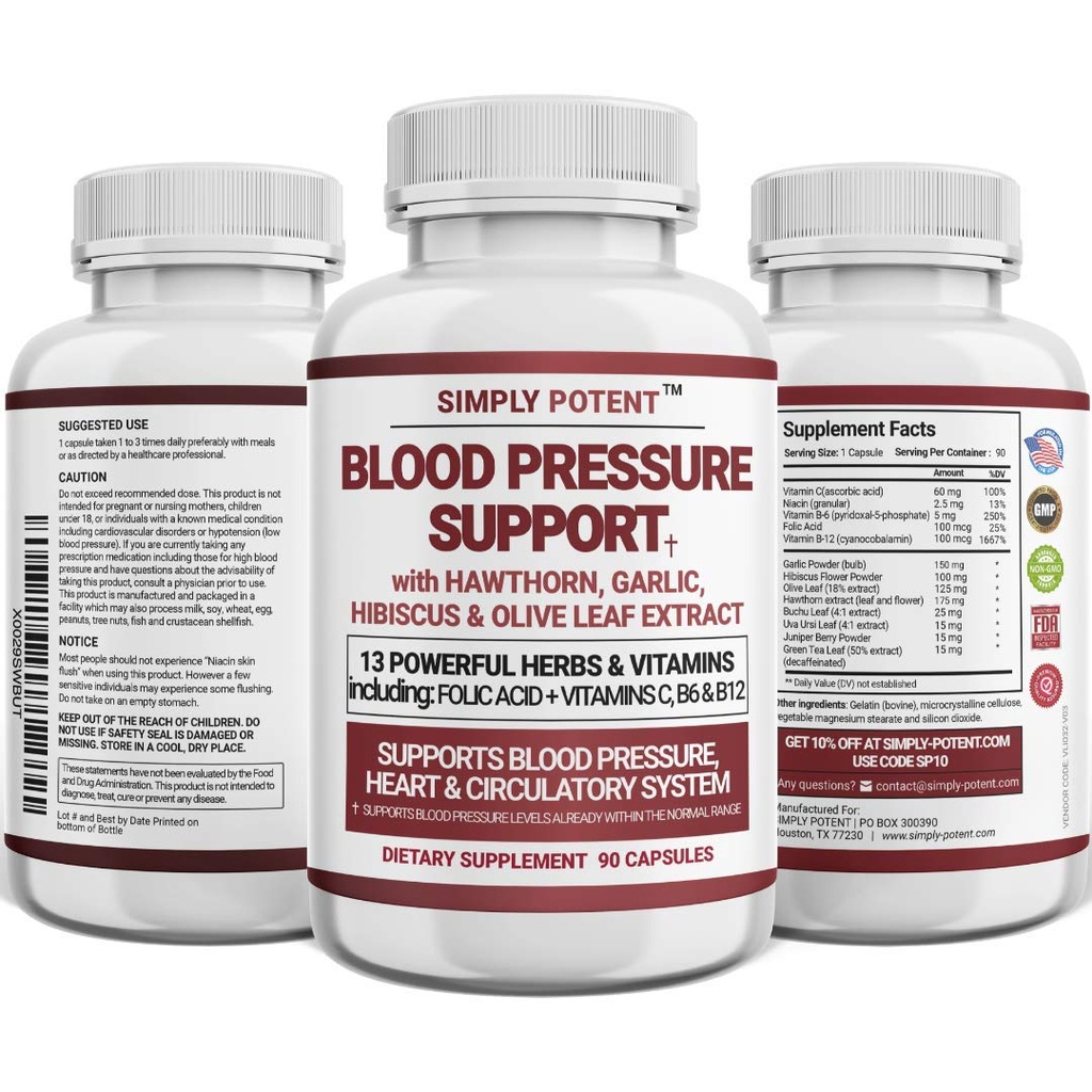 Blood Pressure Support Supplements - Sunn Heart, Kolesterol, Cardio, Hypertensjon, høy BP - 13 vitaminer og urter - Folsyre, vitaminer C B6 & B12, Hawthorn Olive Leaf hvitløk, 90 Capsule