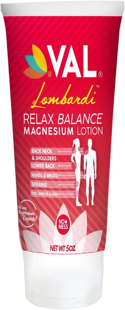 VAL Lombardi Relax Balance Magnesium Lotion | Arnica, Camphor & Menthol | Rask lindring for ledd, muskler, rygg, skulder, føtter | Ikke-Greasy | 5oz