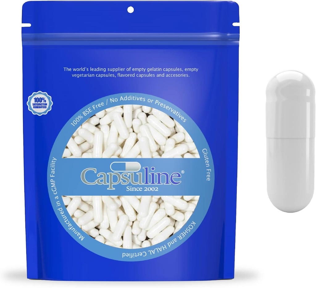 Capsuline Størrelse 000 - Farget hvit tom gelatinkapsler - 10000 Tell - Tom Gel Pill Kapsler - DIY ren Bovine Pill Kapsel Fylling - Tom Caps - Kosher og Halal Certifisert - Ikke-GMO sertifisert