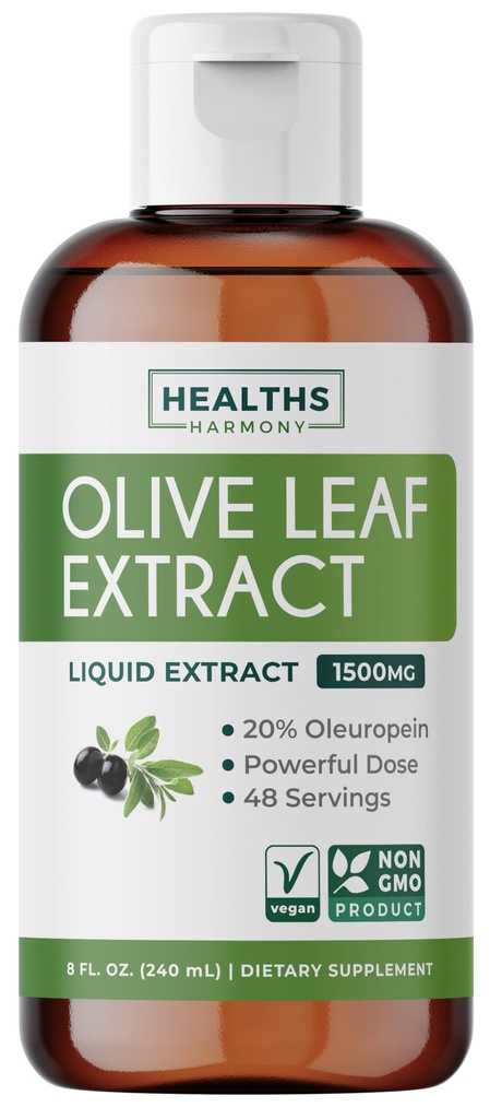 Olive Leaf Extract (Non-GMO) Super styrke: 20% Oleuropein - 1500mg - Vegetarisk - Immun støtte Supplement, hud helse og kraftige antioksidanter Supplement - Flytende ekstrakt - 8 Fl Oz
