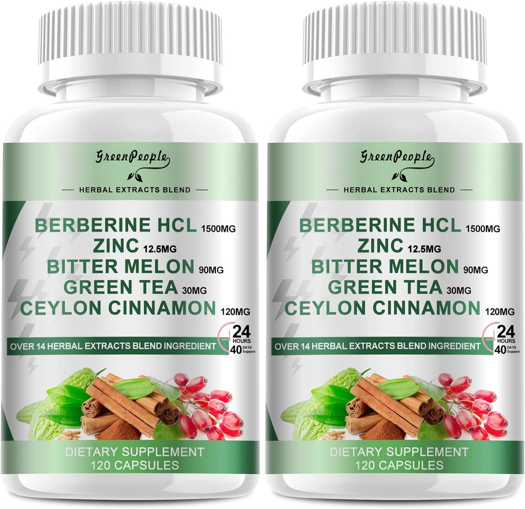 GREENPEOPLE Berberine Supplement med Ceylon Cinnamon - 120 Count Berberine 1500 mg Berberine HCL kapsler med Bitter Melon / Artichoke ekstrakter og naturlige urter for immun støtte 2 Pack