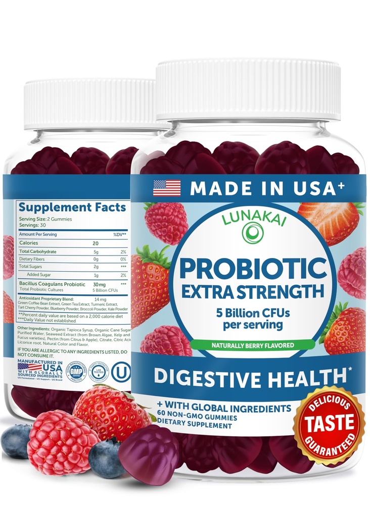 Lunakai USA Made Probiotic Gummies - 5 milliarder CFUs, Vegansk, Ikke-GMO, Glutenfri - Digestiv og immun støtte for kvinner og menn - 60 Chewable Gummies