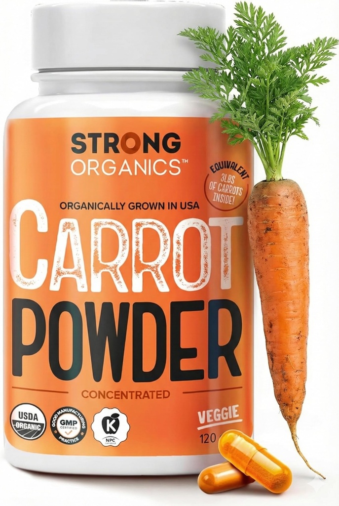 USDA Organic Carrot Powder Capsules (120), Vokset i USA, Øyestøtte, Beta Caroten, Vitamin A, Karotenoider, Antioksidanter, 106°F Max, Vegan, Kosher-2 måneders forsyning