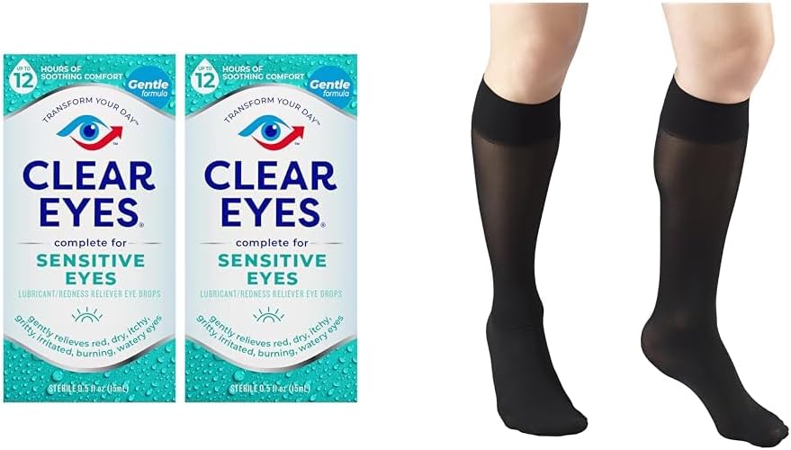 Klare øyne sensitive øyedråper 2 pakke og Truform komprimering strømper kvinners kne høy 20 denier svart medium