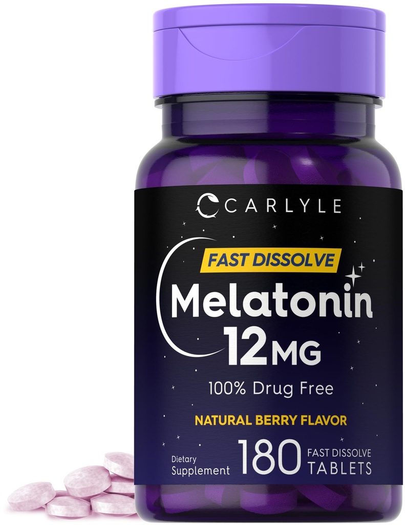 Carlyle Melatonin 12 mg Fast Oppløse 180 tabletter | Drug Gratis | Naturlig Berry Flavor | Vegetarisk, Ikke-GMO, Glutenfri