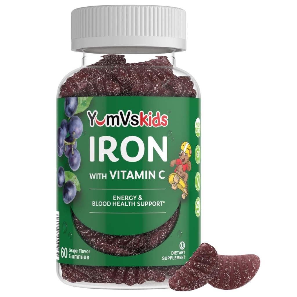 Iron Supplement for barn – 5 mg Kids Gummies med vitamin C – Great-Tasting Gummies Grape Flavor – støtter immun helse og hjelp med jernmangel – vegansk, Kosher, ikke-GMO – 60 greve