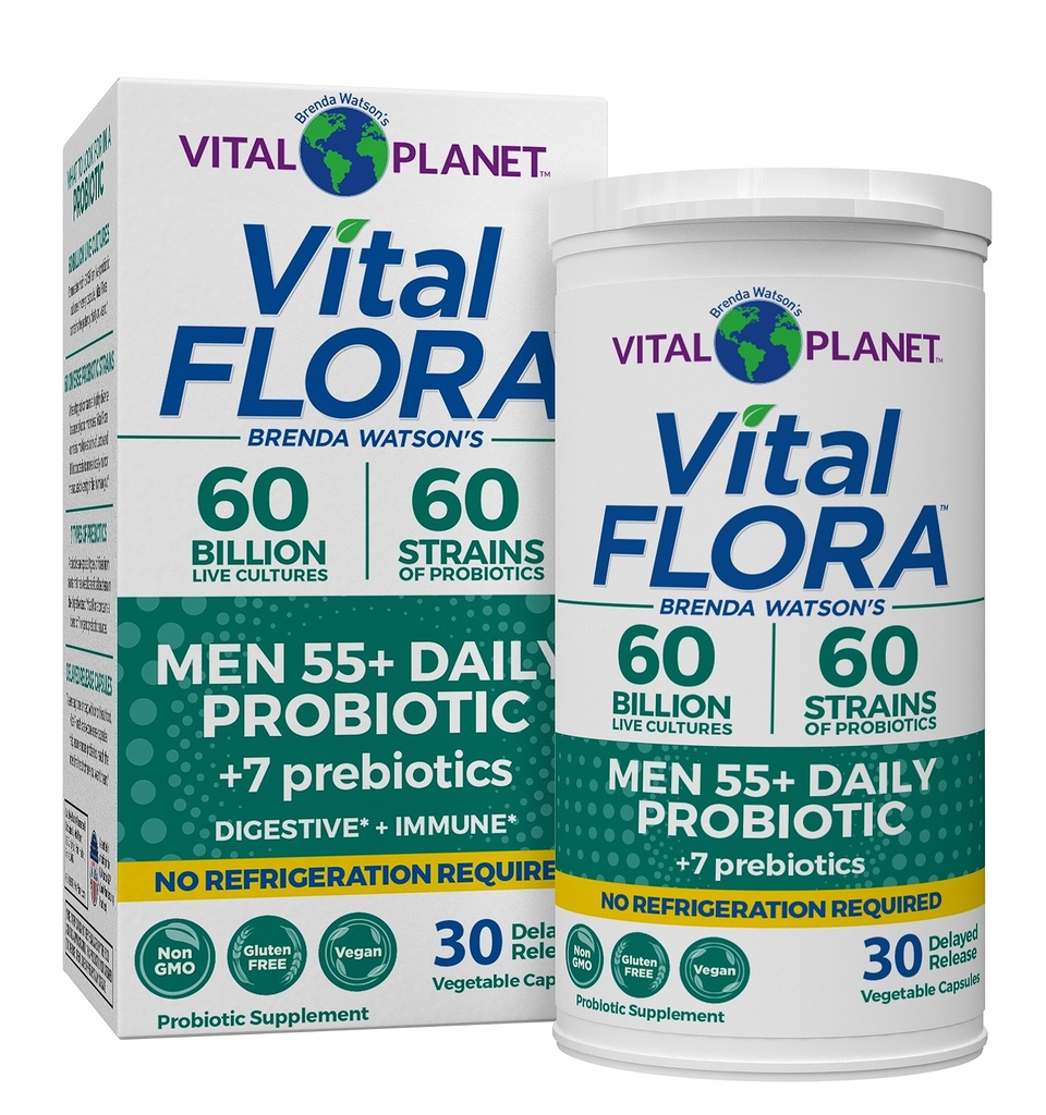Vital Planet - Vital Flora Menn Over 55 daglige probiotiske, 60 milliarder CFU, Diverse Strains, organiske prebiotika, immunstøtte, Digestive Helse Shelf Stable Probiotika for menn, 30 kapsler