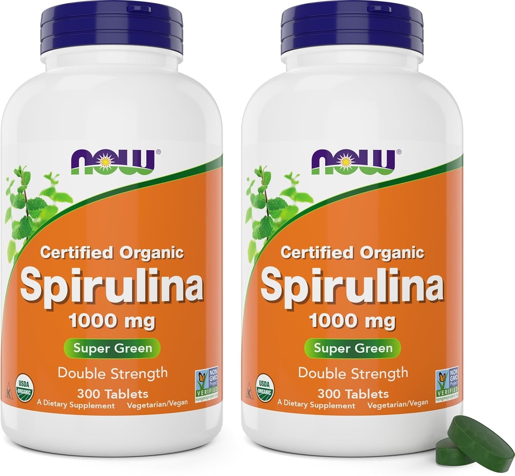 NOW Foods Organic Spirulina 1000 mg Tabletter - 300 greve (Pack of 2) - Ikke-GMO, Super Grønn Hele Mat Supplement - Dobbelt styrke 1000 mg - naturlig forekommende Beta-Caroten (VIT A), B-12 og GLA