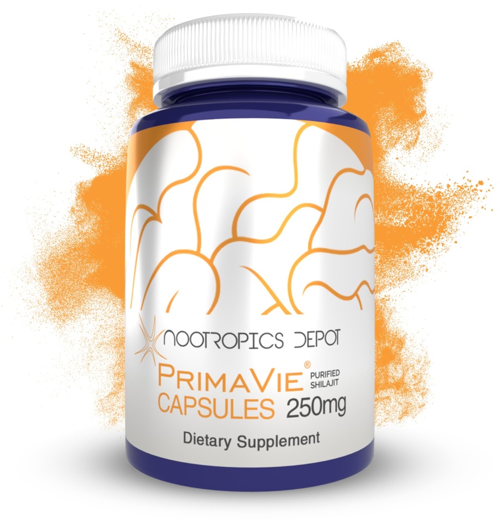 Nootropics Depot PrimaVie Shilajit Capsules | 250 mg | 30 greve | rengjort ekstrakt | Ayurveda Supplement | Støtter Mitochondrial funksjon + Økninger utholdenhet