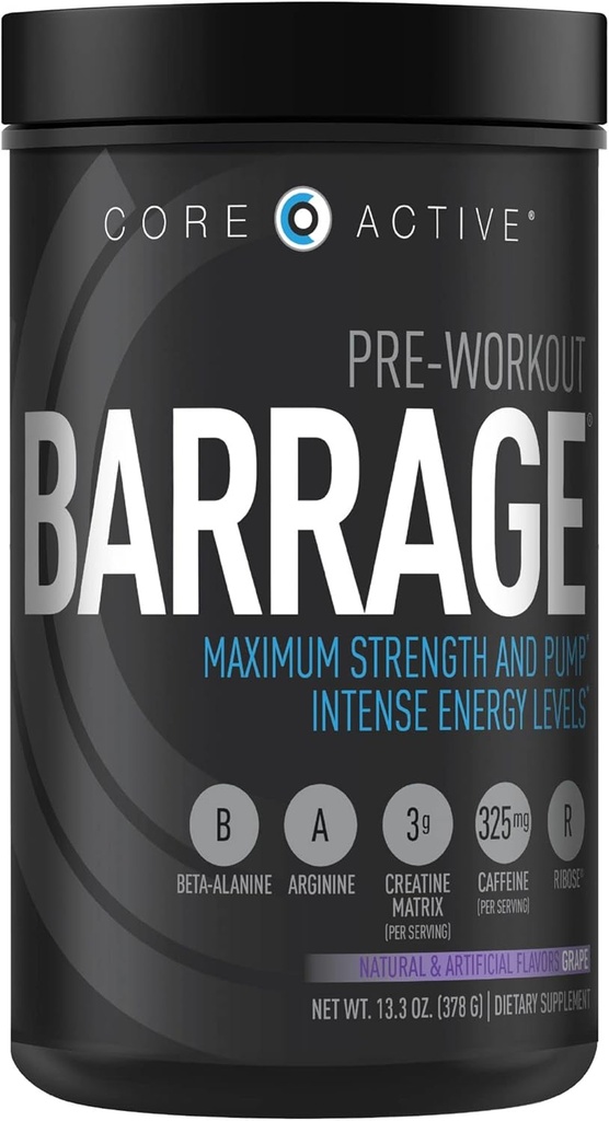 Barrage Pre Workout pulver - Forarbeide for kvinner og menn, Kreatin pulver, Beta Alanine, Agmatine Sulfat, & koffein - muskelbuilder for menn med intens energi - Grape (30 Serveringer)