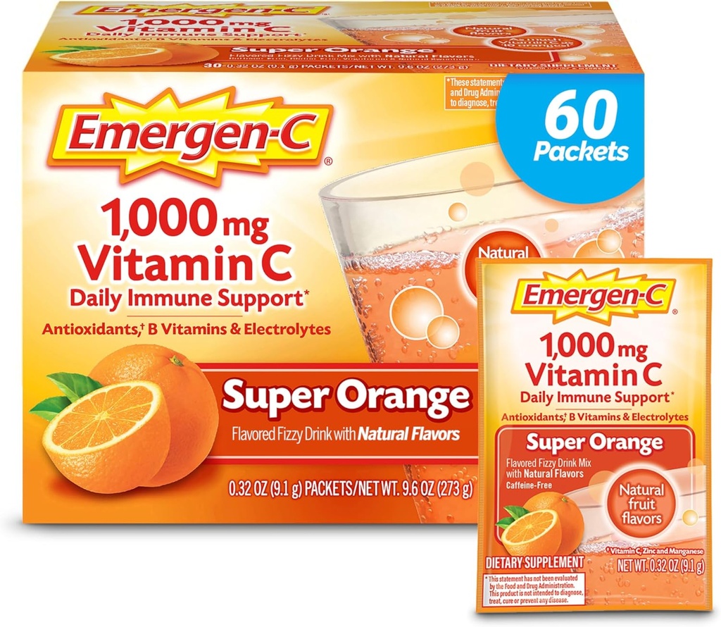 Emergen-C 1000mg vitamin C pulver for daglig immunologisk støtte Koffein gratis vitamin C kosttilskudd med sink og manganesisk, B vitaminer og elektrolyter, Super Orange Flavor - 60 Count/2 måneds forsyning