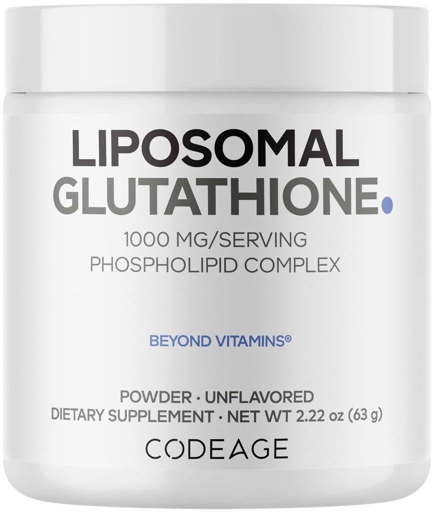 Codeage Liposomal Glutathione pulver - 1000 mg Vegansk Redusert L-Glutathione per servering, Liposomal Levering - 2-måneders forsyning - Uslavored - Fosfolipid - Ikke-GMO Glutenfri - 2,22 Oz